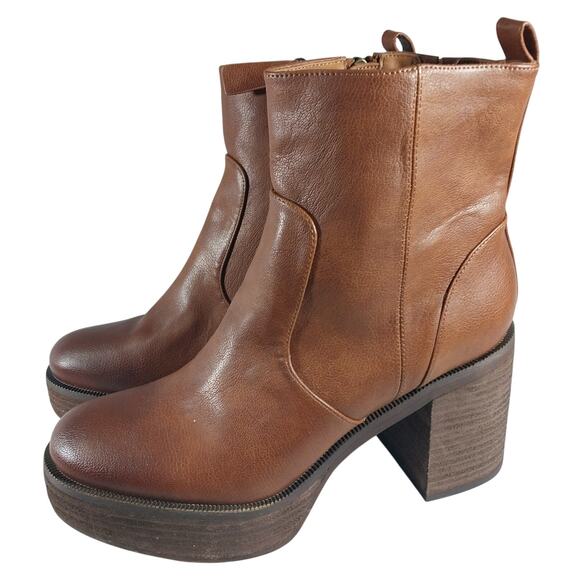 NWOT! ZODIAC! PECAN BROWN GENUINE LEATHER ULTRA CHUNKY HEEL ANKLE BOOTS! SZ 8.5M - Picture 1 of 11